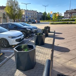 Szymon - Rząd geometrycznych, grafitowych donic z zielenią, ustawionych wzdłuż chodnika przy parkingu miejskim w słoneczny dzień. Nowoczesny design donic.