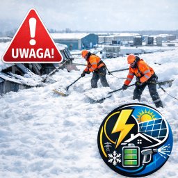 SunTech Jan Karwowski - Dwóch pracowników w pomarańczowych kombinezonach odśnieża dach budynku przemysłowego. Widoczny znak ostrzegawczy i logo firmy z motywem energii słonecznej.