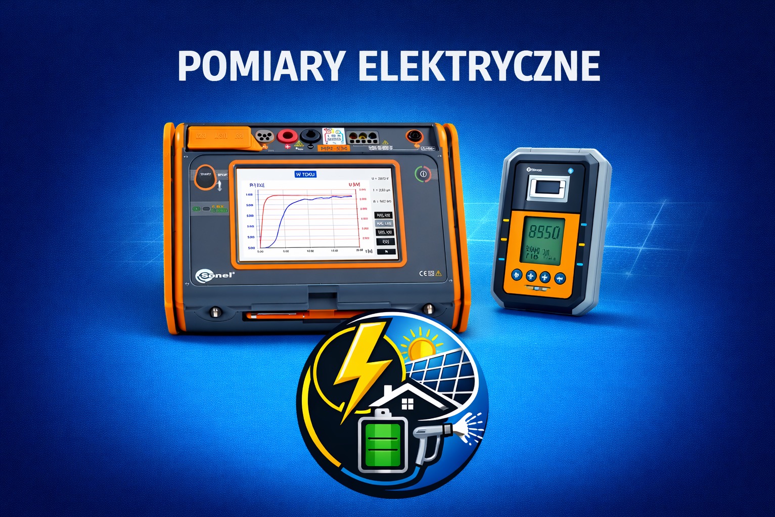 Profesjonalny miernik elektryczny Sonel z wyświetlaczem graficznym i dodatkowy moduł pomiarowy na niebieskim tle. Logo z symbolem energii, domu i paneli słonecznych.