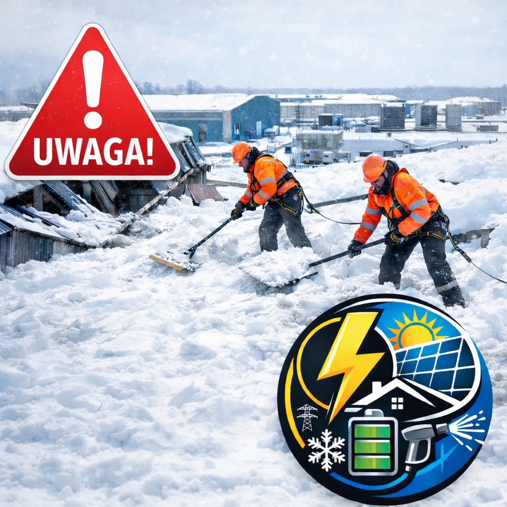 Dwóch pracowników w pomarańczowych kombinezonach odśnieża dach budynku przemysłowego. Widoczny znak ostrzegawczy i logo firmy z motywem energii słonecznej.
