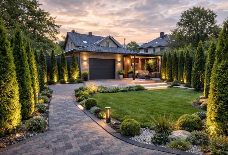 Oświetlony ogród z kostki brukowej prowadzącej do domu z garażem i altaną. Dekoracyjne tuje i krzewy. Wieczorny krajobraz z subtelnym oświetleniem.