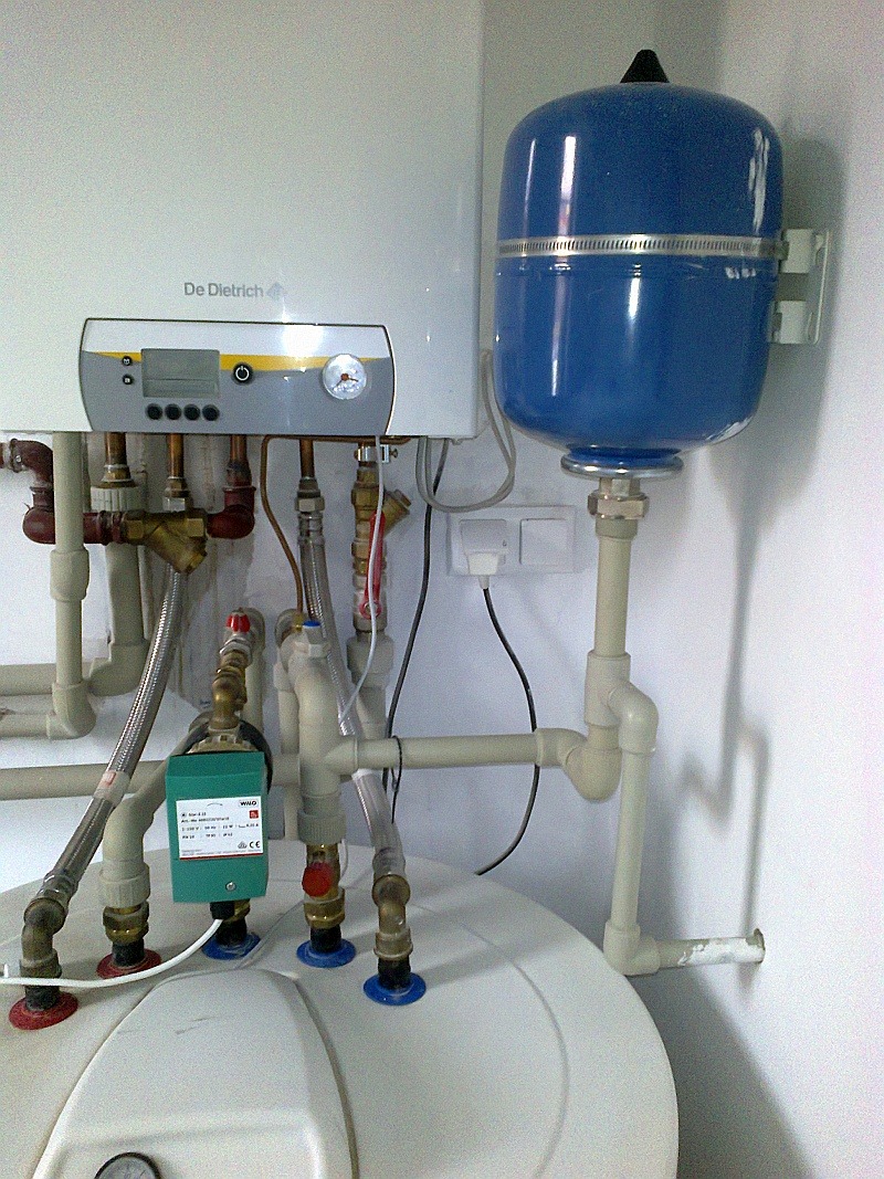 Zamontowany piec gazowy De Dietrich z niebieskim zbiornikiem wyrównawczym, widoczne rury i zawory. Białe ściany w tle, instalacja grzewcza.