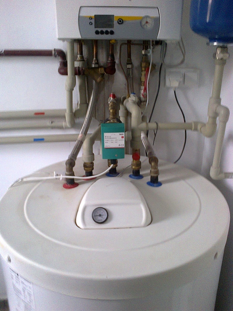 Biały bojler z podłączonymi rurami miedzianymi i plastikowymi, zielony moduł sterujący, manometr na górze bojlera, instalacja w pomieszczeniu.