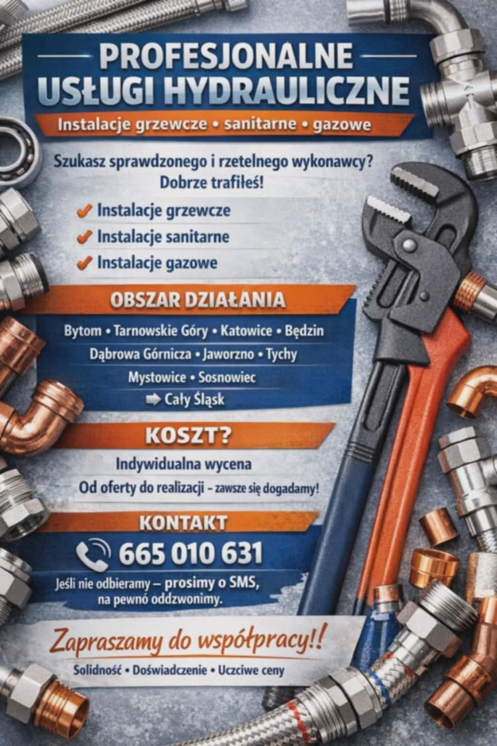 Profesjonalne usługi hydrauliczne: instalacje grzewcze, sanitarne, gazowe. Obszar działania: Śląsk. Kontakt: 665 010 631. Zapraszamy do współpracy!