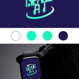 Tworzenie Stron & Marketing Piotr Połoński - Futurystyczny, neonowy logotyp 'Nexus AI' na ciemnym tle, prezentowany na ekranie smartwatcha obok surowej, czarnej skały. Paleta barw w górnej części.