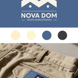 Tworzenie Stron & Marketing Piotr Połoński - System identyfikacji wizualnej Nova Dom: logo na granatowym tle, paleta kolorów i naszywka z logo na beżowych spodniach. Prezentacja marki deweloperskiej.
