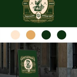 Tworzenie Stron & Marketing Piotr Połoński - Grafika logo Gentleman's Traditional Barber Shop na zielonym standzie reklamowym na tle miejskiej ulicy. Klasyczna elegancja i męski charakter w stylu vintage.