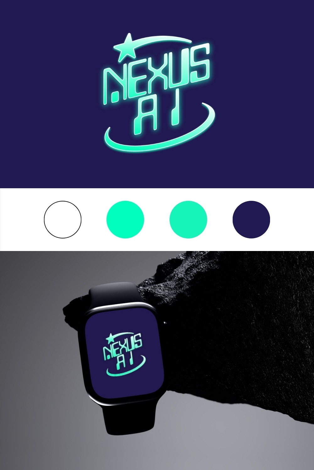 Futurystyczny, neonowy logotyp 'Nexus AI' na ciemnym tle, prezentowany na ekranie smartwatcha obok surowej, czarnej skały. Paleta barw w górnej części.