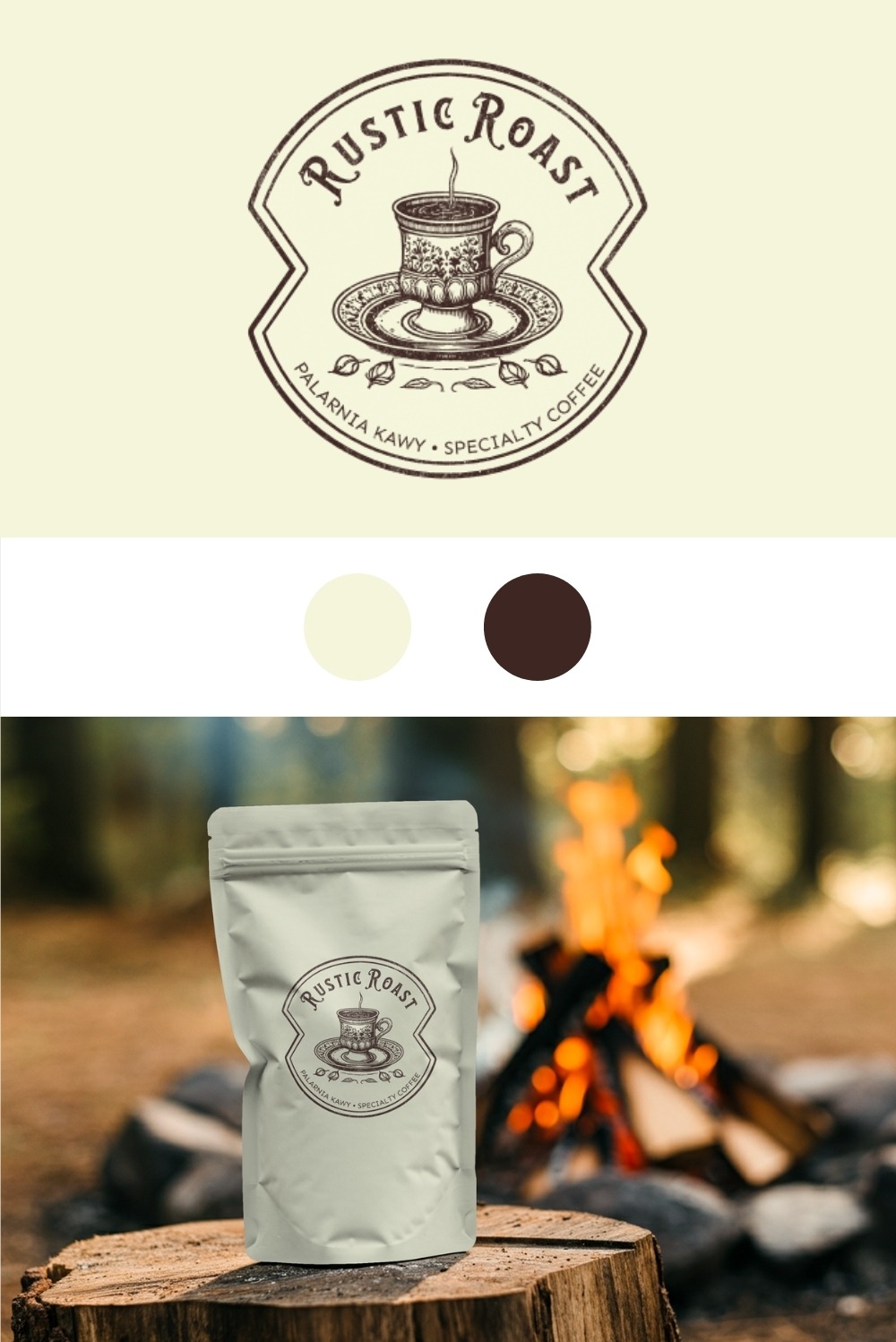 Biała paczka kawy Rustic Roast z logo na tle ogniska, umieszczona na pniu drzewa. Prezentacja identyfikacji wizualnej palarni kawy specialty.