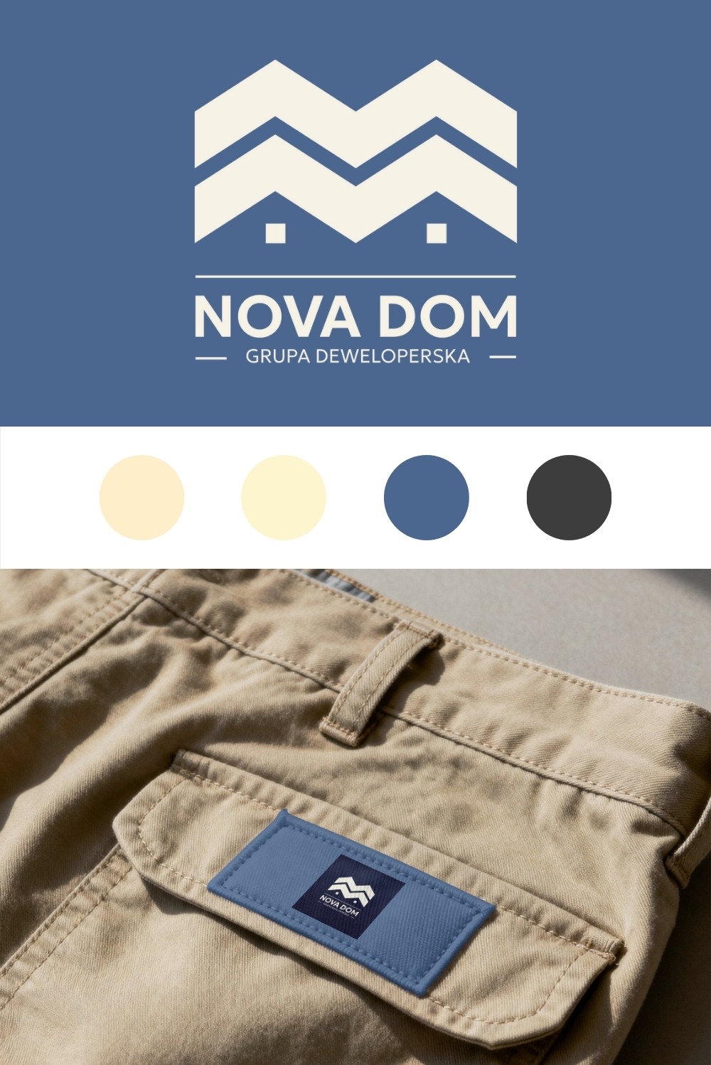 System identyfikacji wizualnej Nova Dom: logo na granatowym tle, paleta kolorów i naszywka z logo na beżowych spodniach. Prezentacja marki deweloperskiej.