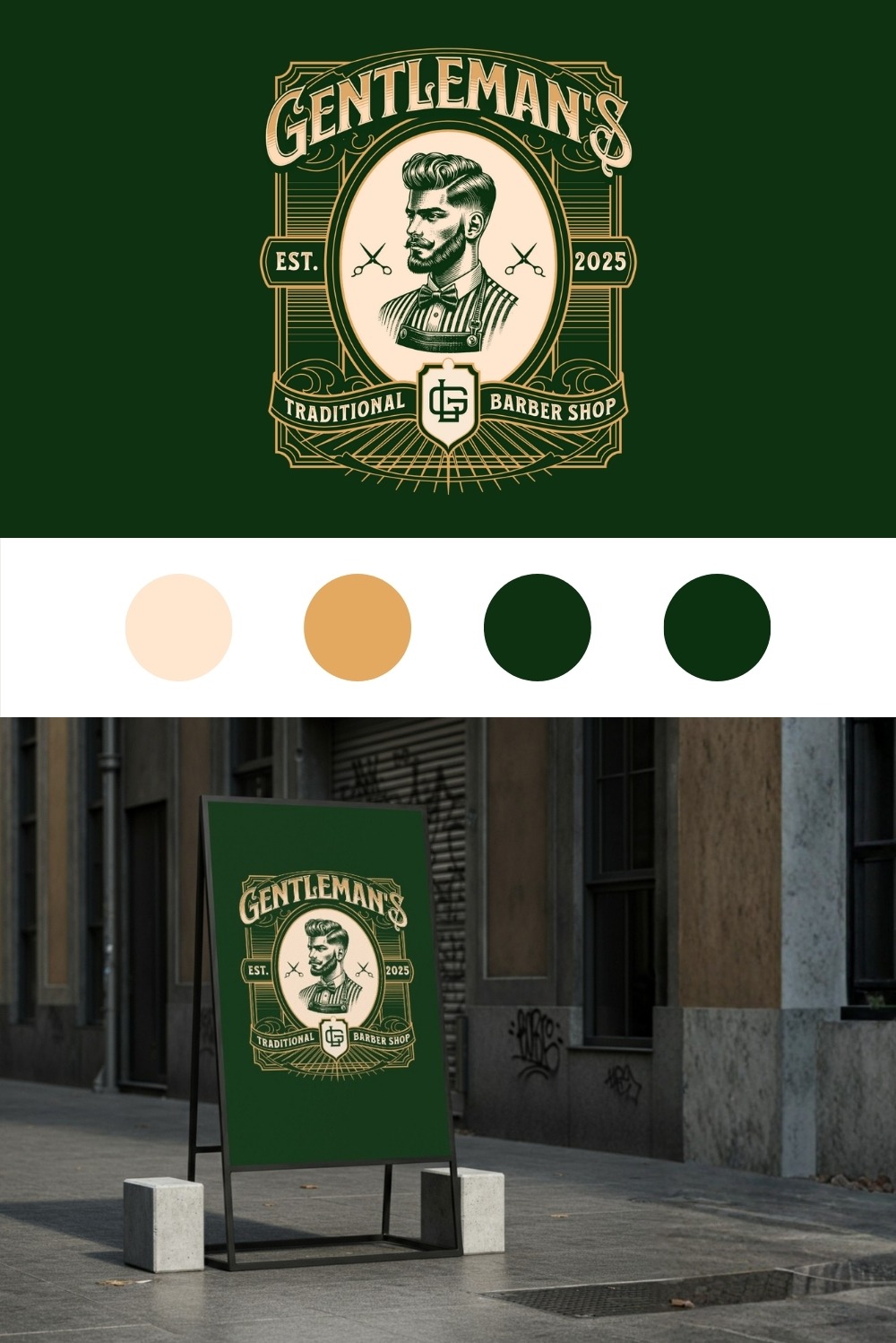 Grafika logo Gentleman's Traditional Barber Shop na zielonym standzie reklamowym na tle miejskiej ulicy. Klasyczna elegancja i męski charakter w stylu vintage.
