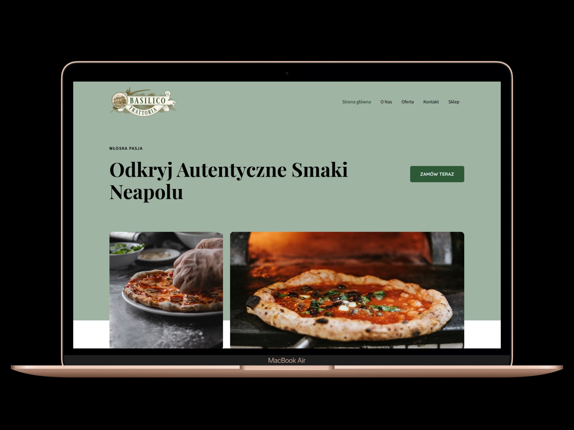Ekran laptopa MacBook Air prezentuje stronę internetową restauracji Basilico Trattoria z pizzą neapolitańską i opcją zamówień online. Ciepła kolorystyka i apetyczne zdjęcia.