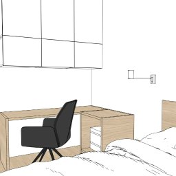 PRACOWNIA ARCHITEKTONICZNA DYALA ARRABI - Szkic sypialni z biurkiem, krzesłem i szafkami wiszącymi. Ujęcie z perspektywy łóżka, minimalistyczny styl, jasne kolory.