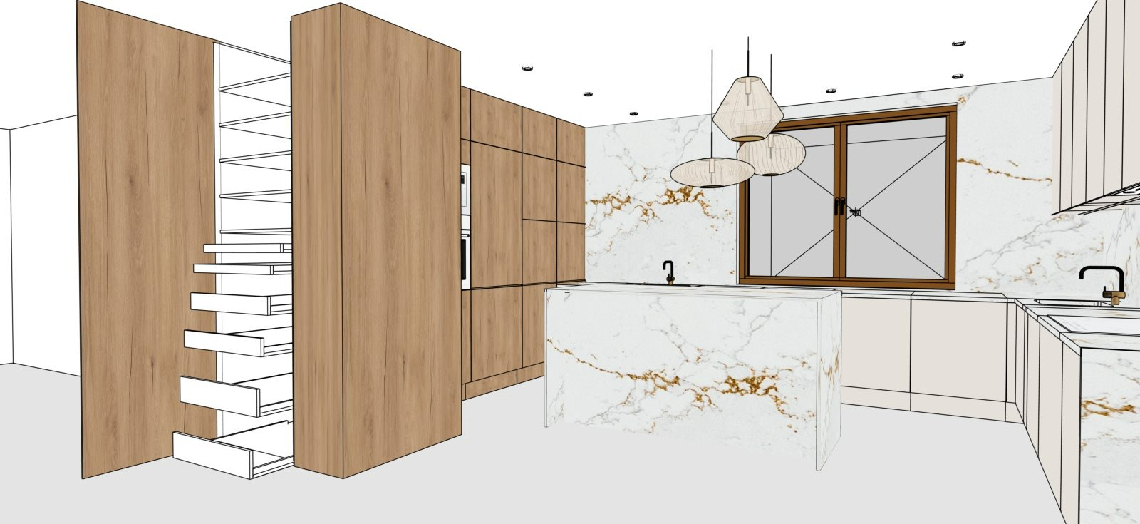 Wizualizacja kuchni z wyspą i drewnianymi szafkami. Otwarta szafa z szufladami. Marmurowy blat i ściana. Nowoczesne lampy wiszące. Projekt kuchni w jasnych barwach.
