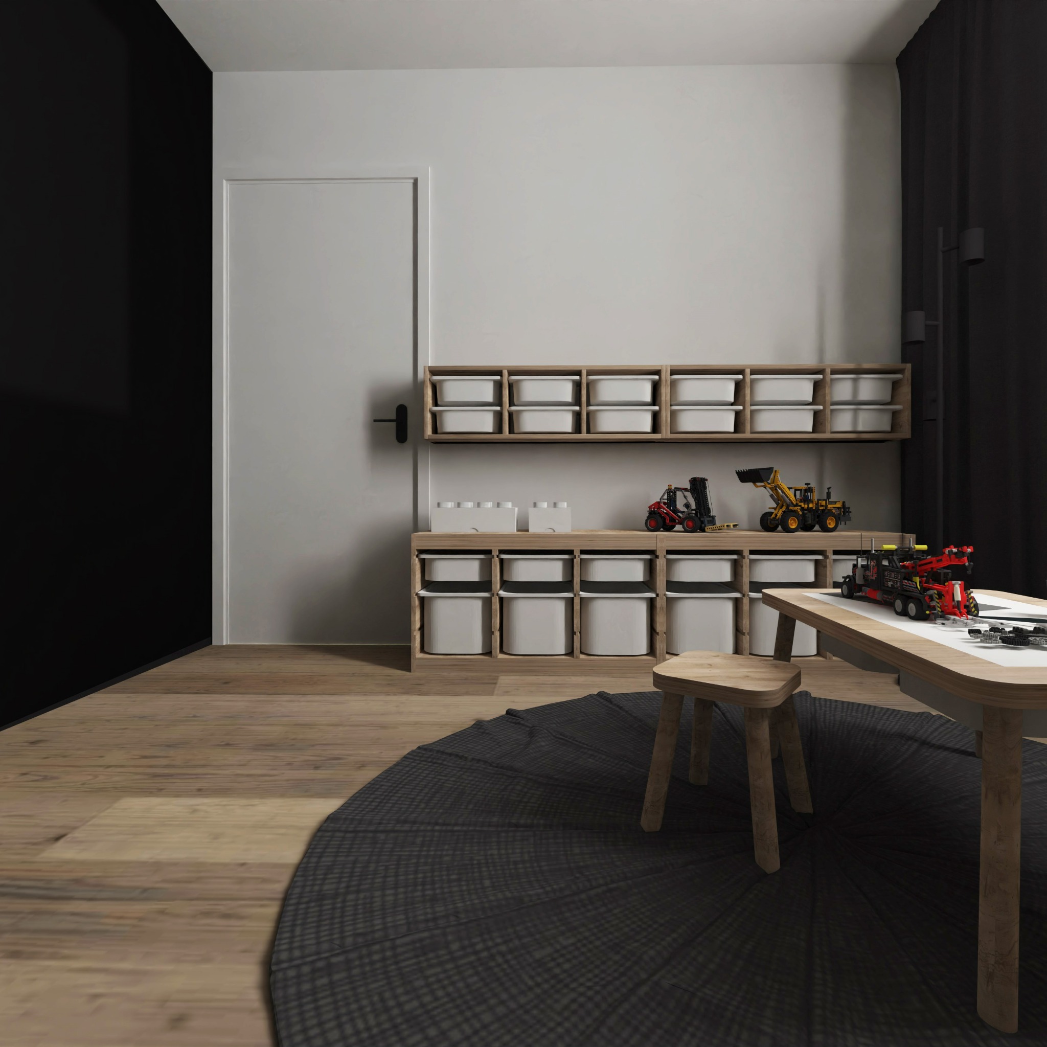 Jasne, minimalistyczne wnętrze pokoju dziecięcego z drewnianymi regałami, białymi pojemnikami i stolikiem z krzesłem na okrągłym dywanie. Zabawki na półkach.