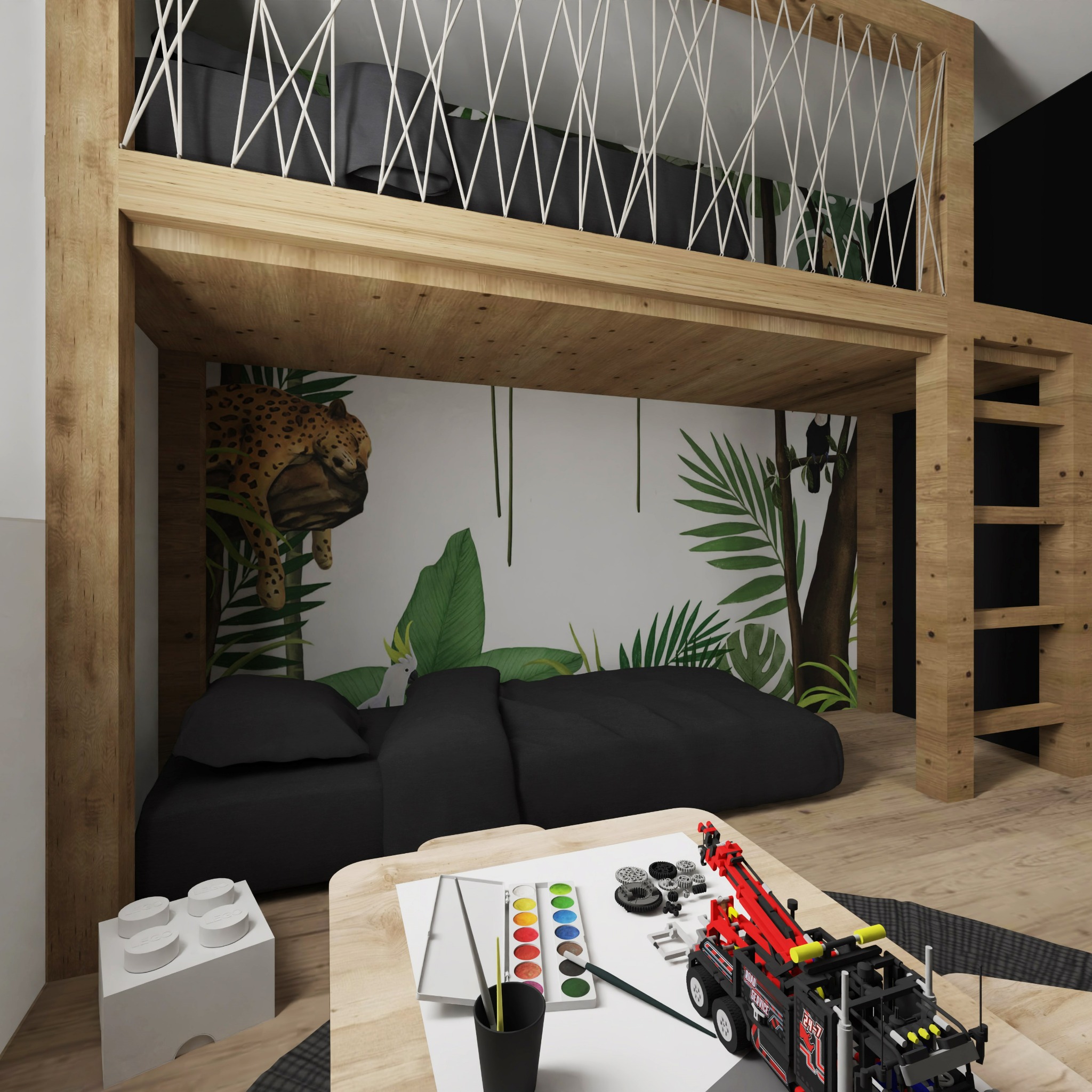 Pokój dziecięcy z łóżkiem na antresoli, motywem dżungli na ścianie i biurkiem z zabawkami. Drewniane wykończenie, czarne tekstylia, kreatywna przestrzeń.