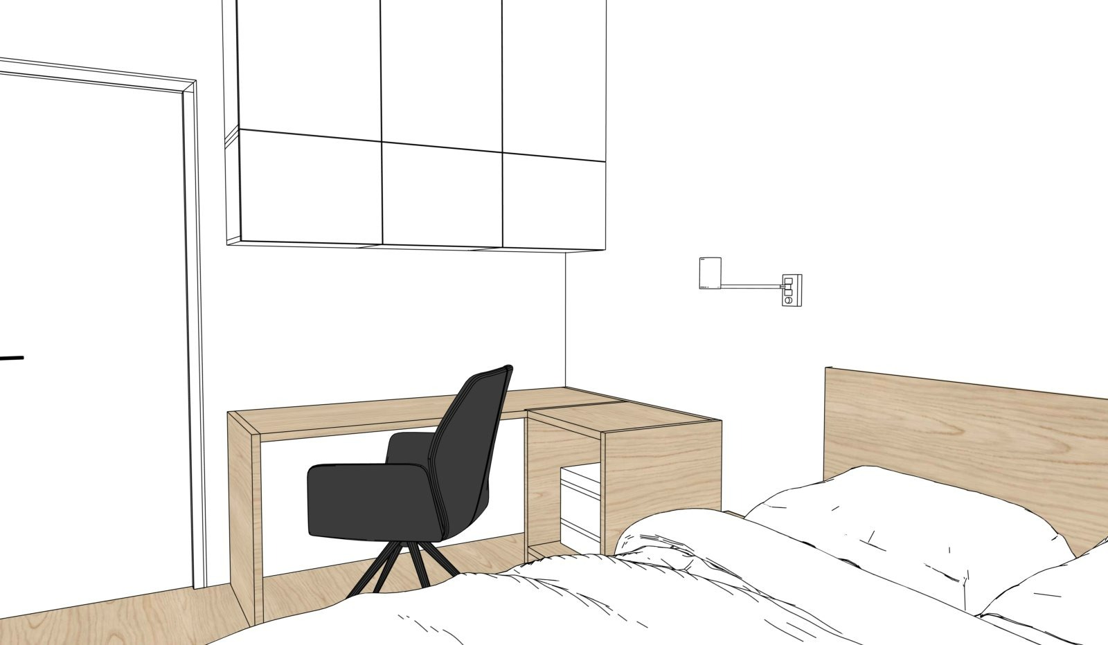Szkic sypialni z biurkiem, krzesłem i szafkami wiszącymi. Ujęcie z perspektywy łóżka, minimalistyczny styl, jasne kolory.