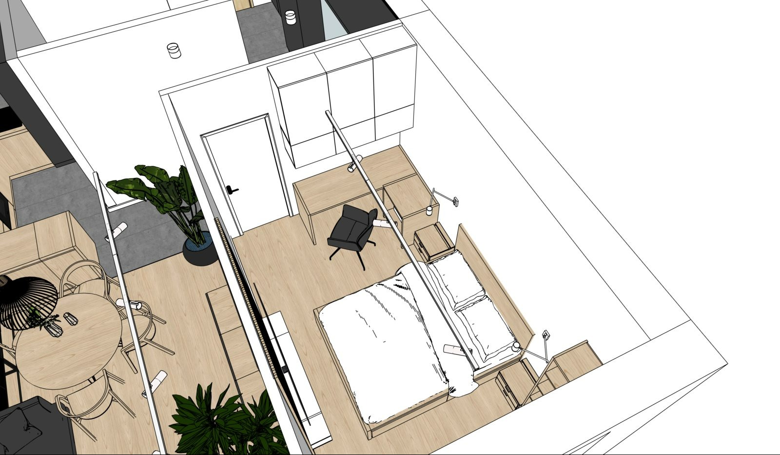 Szkic 3D wnętrza mieszkania z widokiem na salon z okrągłym stołem i sypialnię z biurkiem, utrzymany w jasnej kolorystyce z akcentami roślinnymi.