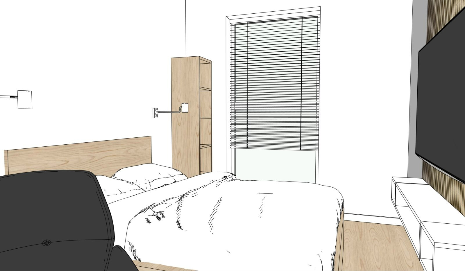 Szkic sypialni z łóżkiem, szafką, telewizorem i żaluzjami. Ujęcie z perspektywy, dominują białe ściany i drewniane elementy. Styl minimalistyczny, brak detali kolorystycznych.
