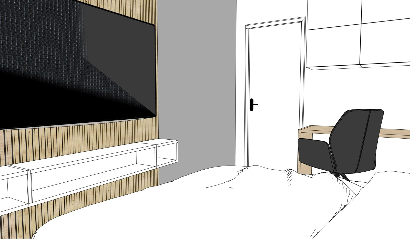 Szkic sypialni z telewizorem na ścianie z drewnianymi panelami, biurkiem i krzesłem. Minimalistyczny design, dominacja bieli i szarości, brak detali kolorystycznych.