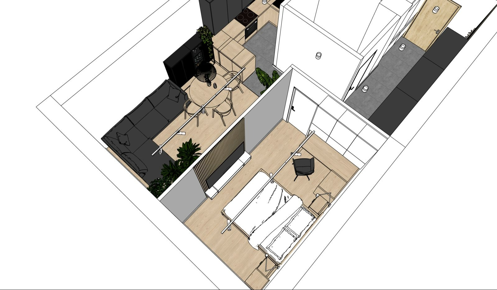 Rzut 3D mieszkania z salonem, aneksem kuchennym i sypialnią. Widok z góry, neutralna kolorystyka, minimalistyczny design. Rośliny doniczkowe dodają naturalnego akcentu.