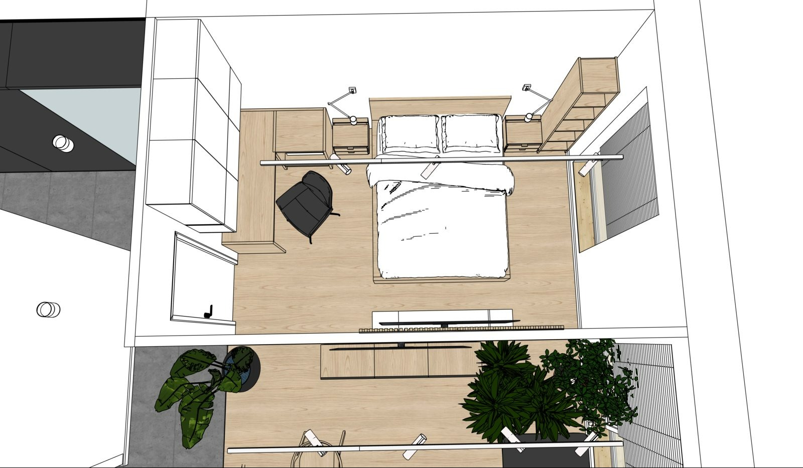 Schemat 3D sypialni z drewnianą podłogą, biurkiem, szafą i roślinami, widok z góry, prezentujący układ i elementy wyposażenia wnętrza.