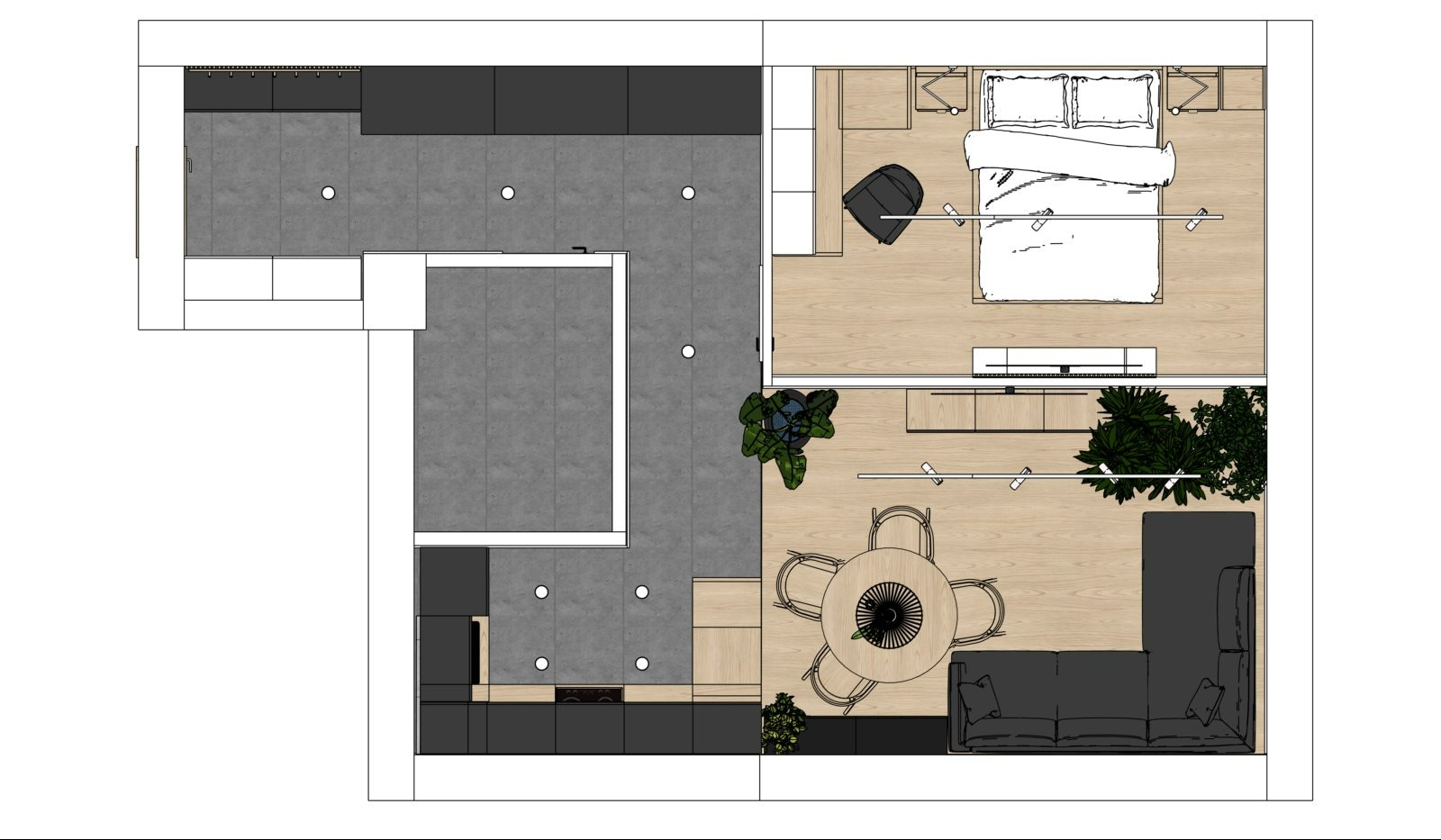 Plan mieszkania z góry: kuchnia z szarymi szafkami, sypialnia z łóżkiem, salon z okrągłym stołem i sofą narożną, rośliny doniczkowe. Projekt wnętrza w nowoczesnym stylu.