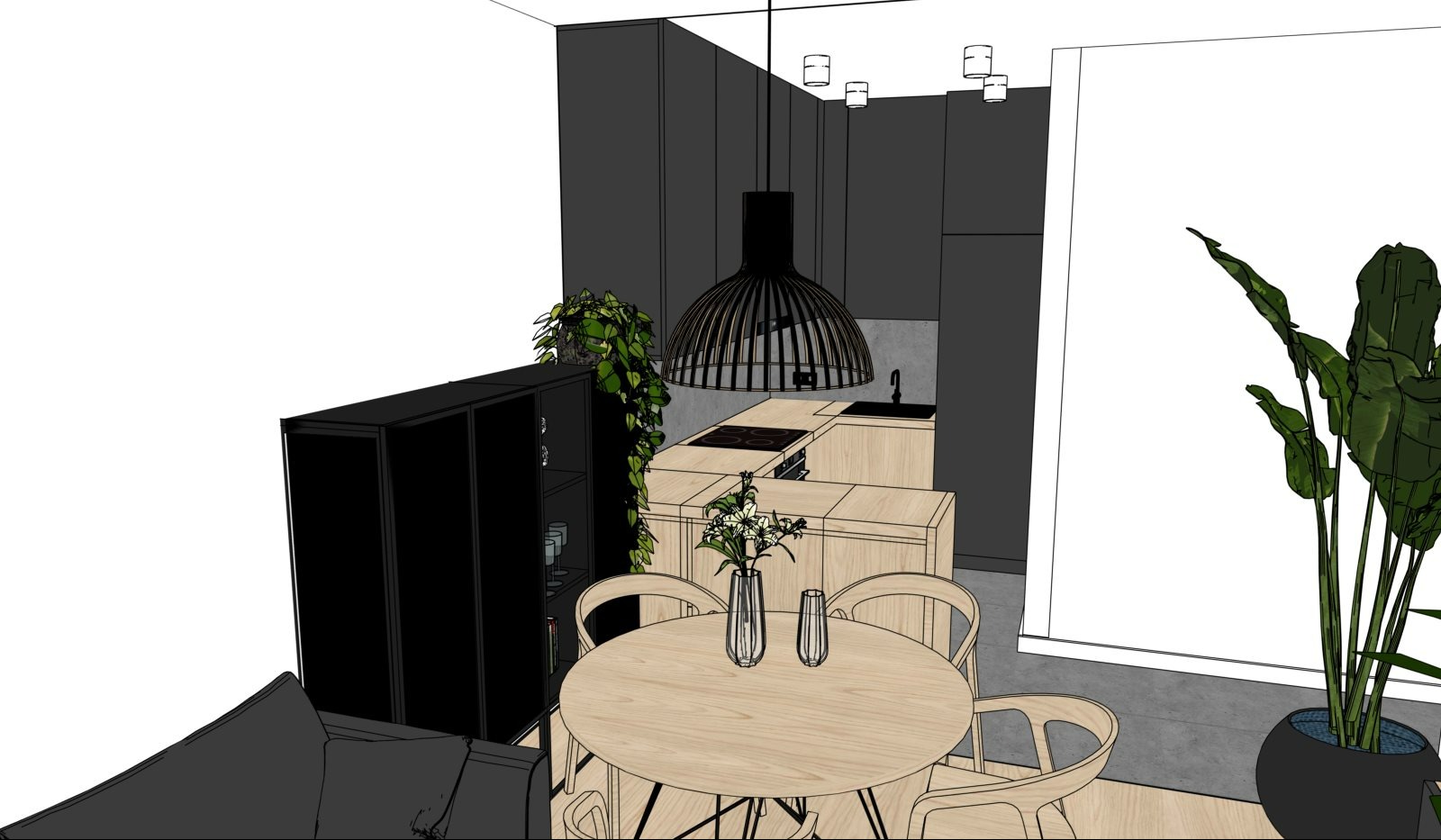 Wizualizacja 3D nowoczesnej kuchni z drewnianymi blatami, czarnymi szafkami i okrągłym stołem jadalnym z czterema krzesłami. Rośliny doniczkowe dodają wnętrzu świeżości.