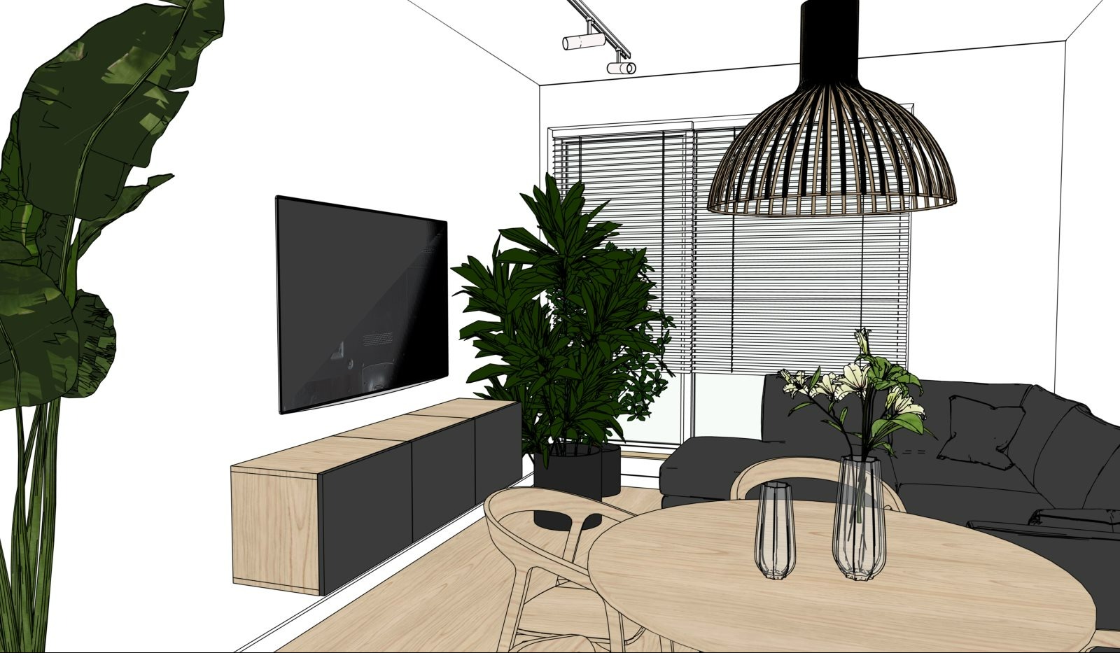 Szkic salonu z telewizorem, szafką RTV, okrągłym stołem i sofą. Widoczne rośliny doniczkowe i lampa wisząca. Ujęcie z perspektywy, stylizowane na rysunek odręczny.