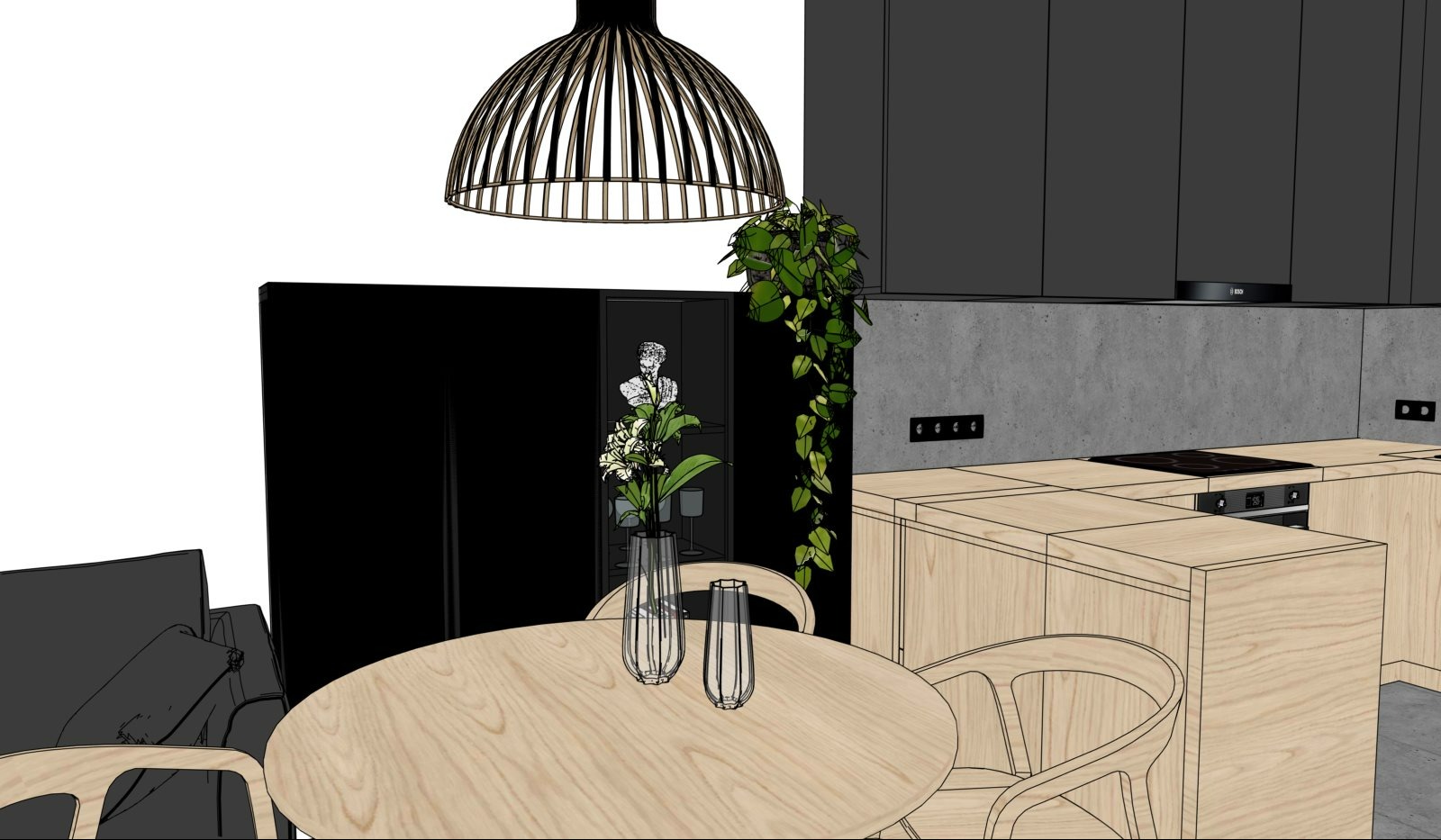 Wizualizacja kuchni z jadalnią w Łodzi. Jasne drewno, szare szafki, okrągły stół i designerska lampa. Rośliny doniczkowe dodają naturalnego akcentu.