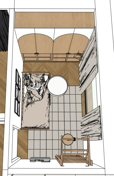 Szkic sypialni z widokiem z góry: łóżko, szafy w zabudowie, okno z zasłonami, stolik i sprzęt do ćwiczeń. Ujęcie z lotu ptaka, perspektywa 3D.