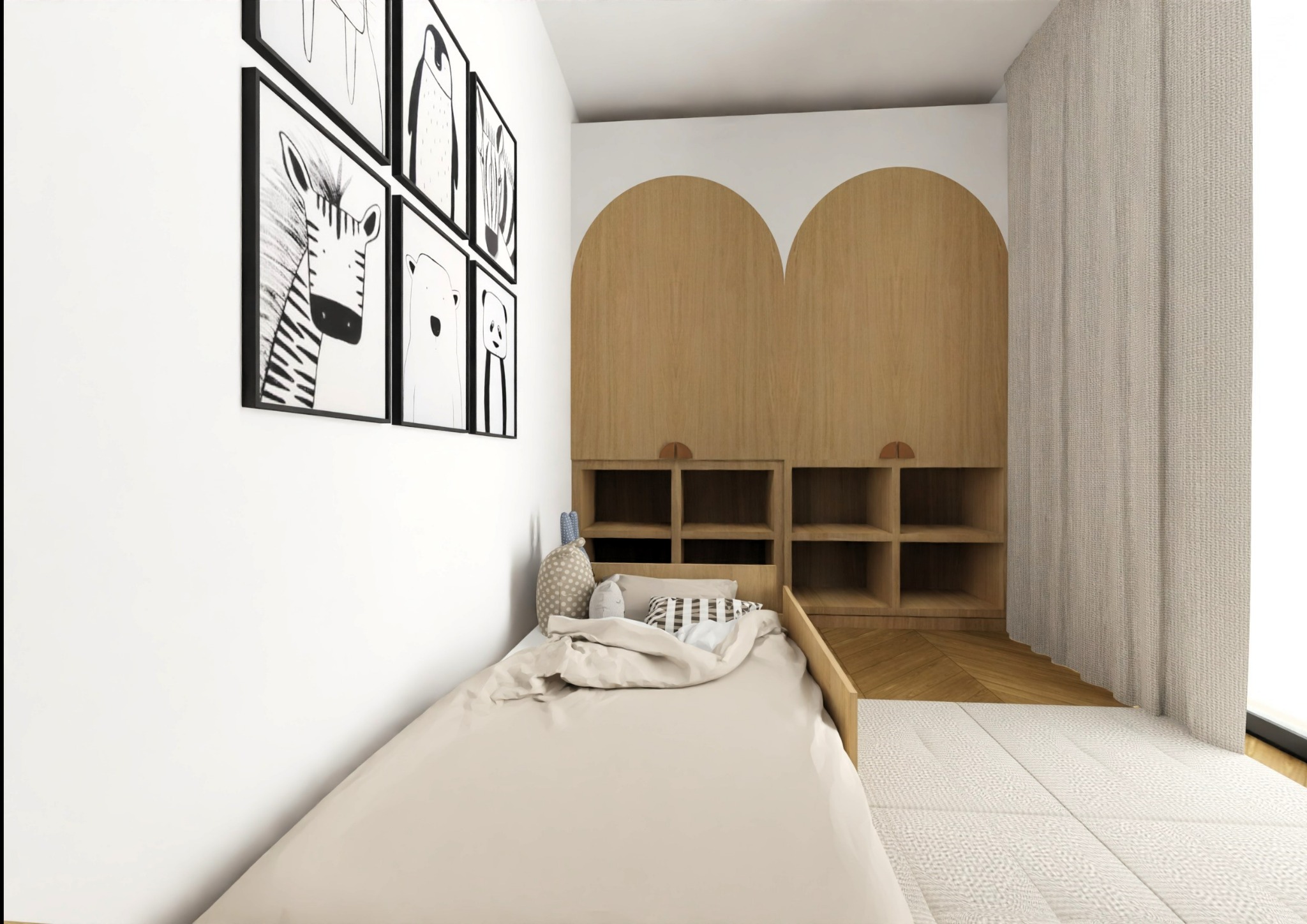 Pokój dziecięcy z łóżkiem w zabudowie z drewnianymi szafkami i półkami. Na ścianie grafiki zwierząt w czarnych ramkach. Jasna kolorystyka, minimalistyczny styl.
