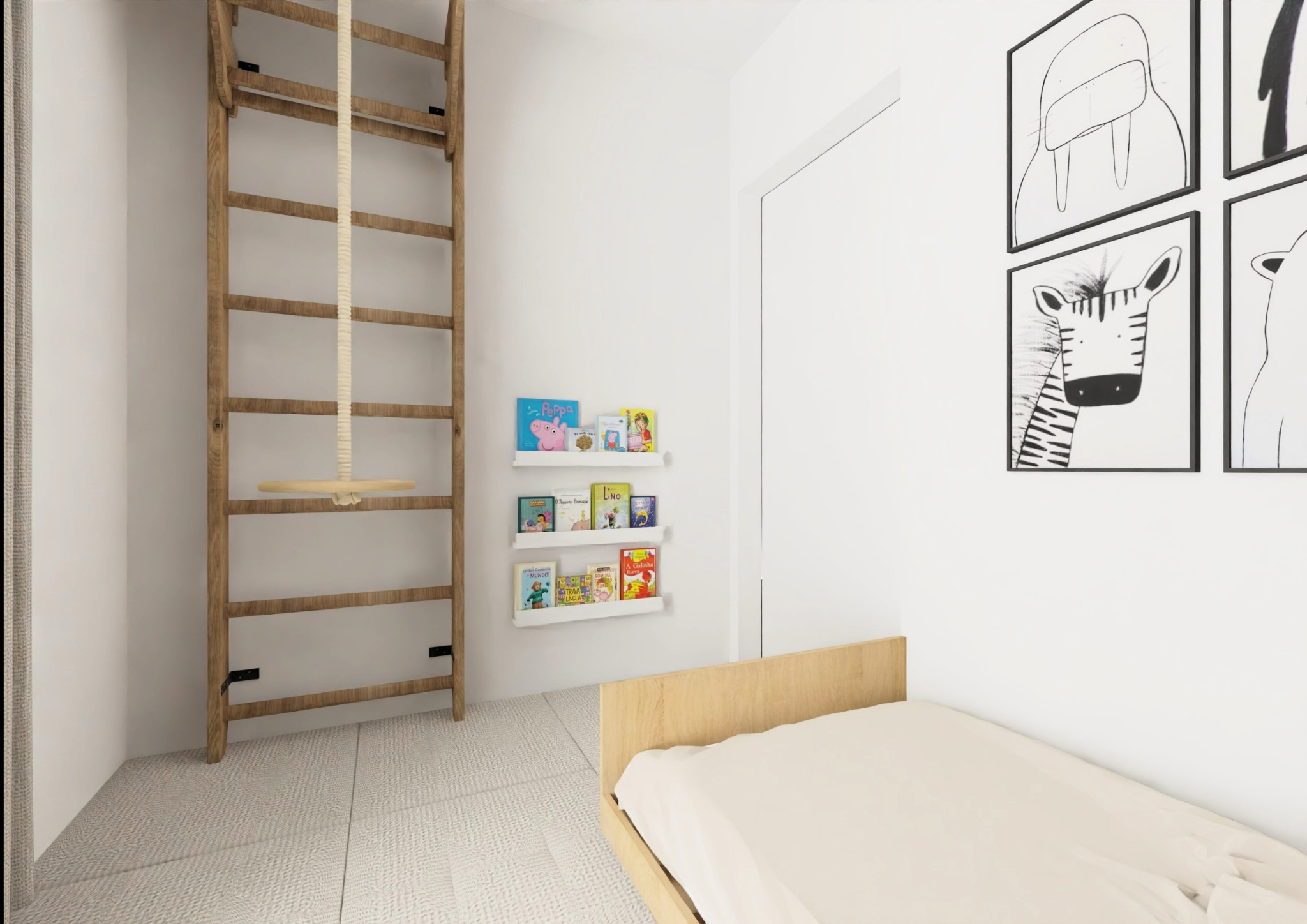 Jasny pokój dziecięcy z drewnianą drabinką gimnastyczną, półkami na książki i łóżkiem. Na ścianie grafiki ze zwierzętami w czarnych ramkach.