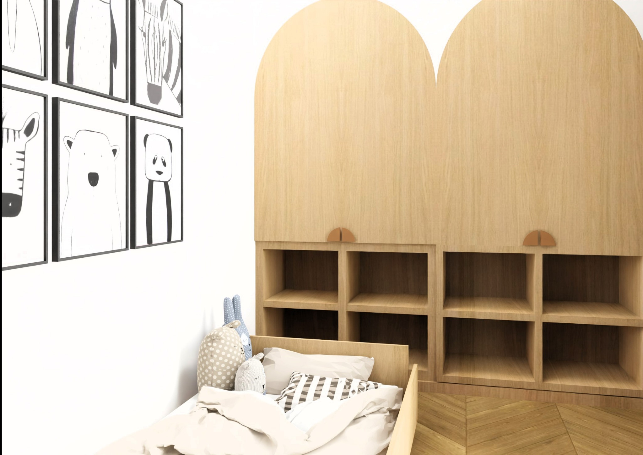 Pokój dziecięcy z drewnianą szafą w kształcie łuków i łóżkiem. Na ścianie grafiki zwierząt w czarnych ramkach. Jasne, naturalne kolory i minimalistyczny design.