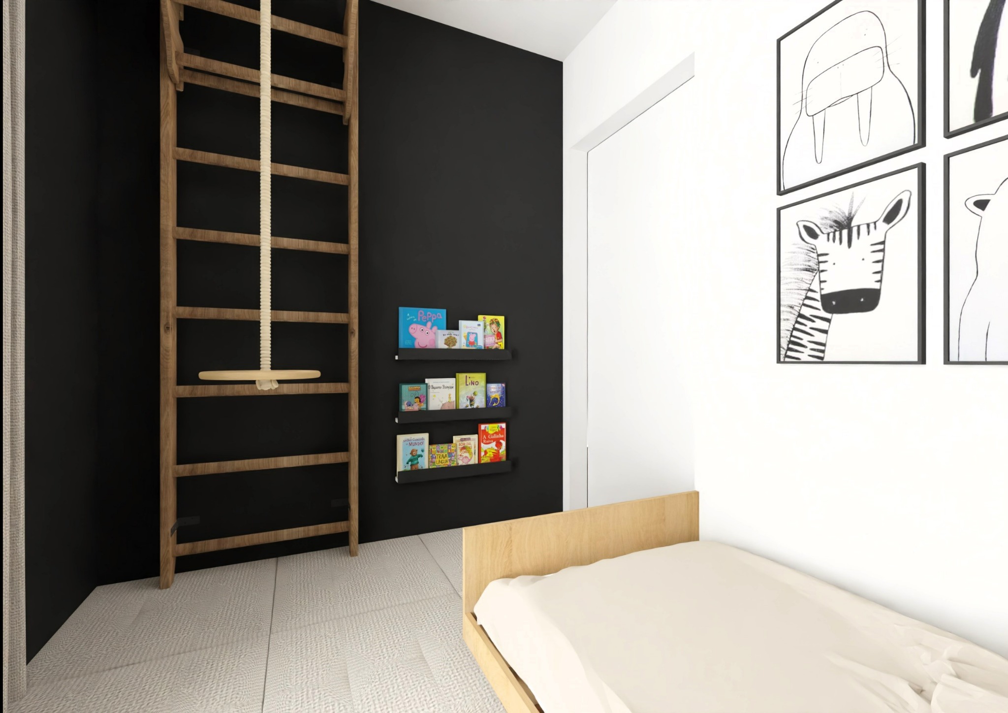 Pokój dziecięcy z drewnianą drabinką gimnastyczną, półkami na książki i łóżkiem. Na ścianie wiszą czarno-białe grafiki zwierząt.