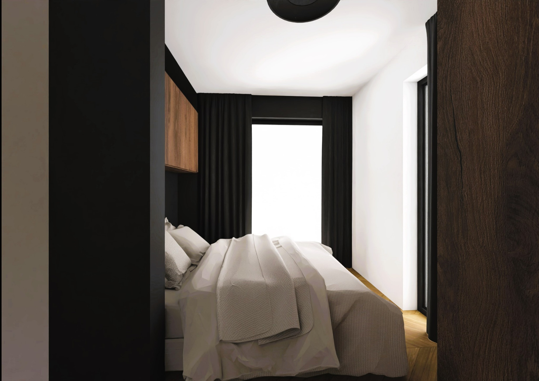 Nowoczesna sypialnia z łóżkiem w jasnej pościeli, czarnymi zasłonami i drewnianymi akcentami. Minimalistyczny design z widokiem na okno i elementami zabudowy.