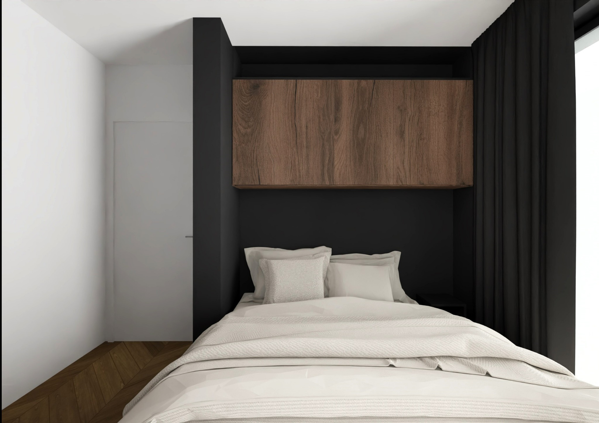 Minimalistyczna sypialnia z drewnianą zabudową nad łóżkiem, czarną ścianą i zasłonami. Jasna pościel i parkiet w jodełkę dodają ciepła. Nowoczesny design.