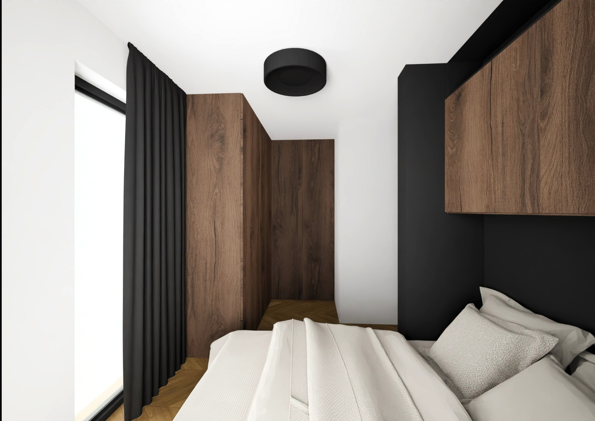 Nowoczesna sypialnia z drewnianą zabudową, czarnymi akcentami i dużym oknem z zasłonami. Minimalistyczny design z dbałością o detale i oświetlenie.