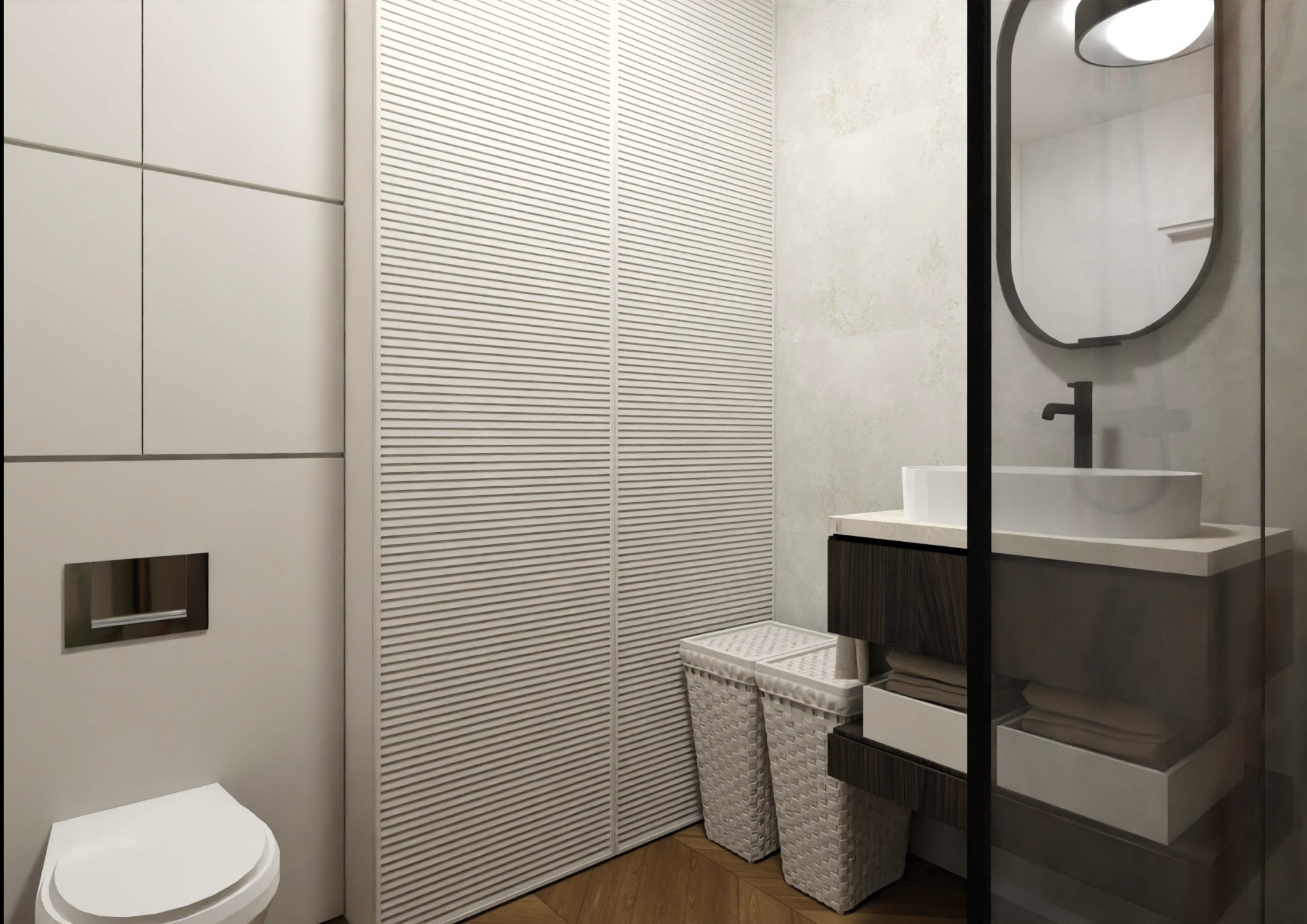Nowoczesna łazienka z toaletą, umywalką na szafce z ciemnego drewna, lustrem w czarnej ramie i szafą z lamelami. Dwie białe, plecione skrzynie na podłodze z parkietu.