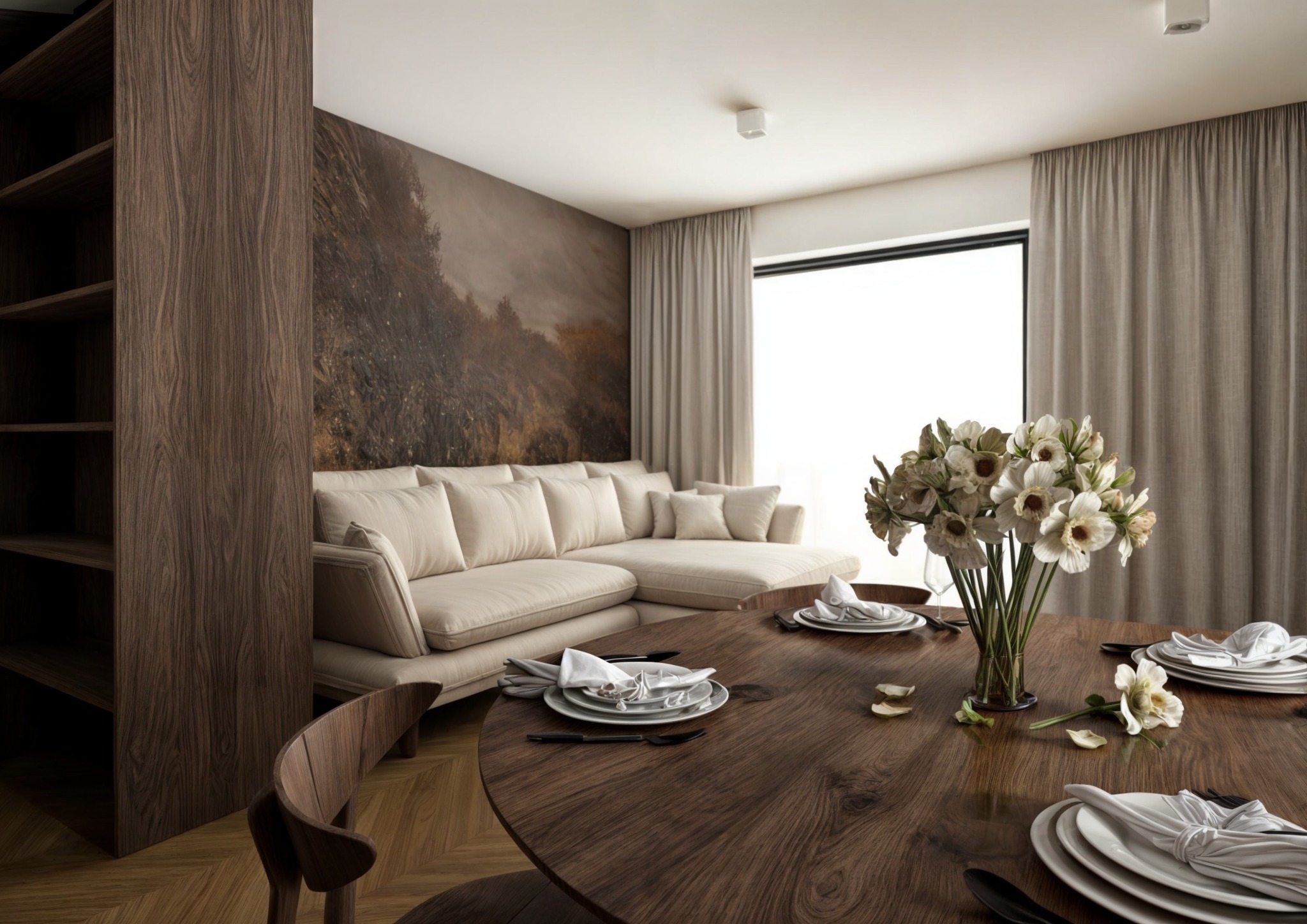 Eleganckie wnętrze: drewniany stół z kwiatami, zastawa, beżowa sofa narożna, regał i fototapeta z motywem lasu. Stonowana kolorystyka, naturalne światło.