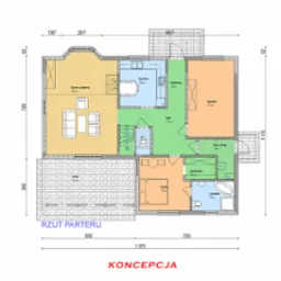 Rzut parteru domu jednorodzinnego z wymiarami, przedstawiający układ pomieszczeń: salon z jadalnią, kuchnię, wiatrołap, hall, gabinet, pomieszczenie gospodarcze, garderobę, łazienkę oraz pokój...