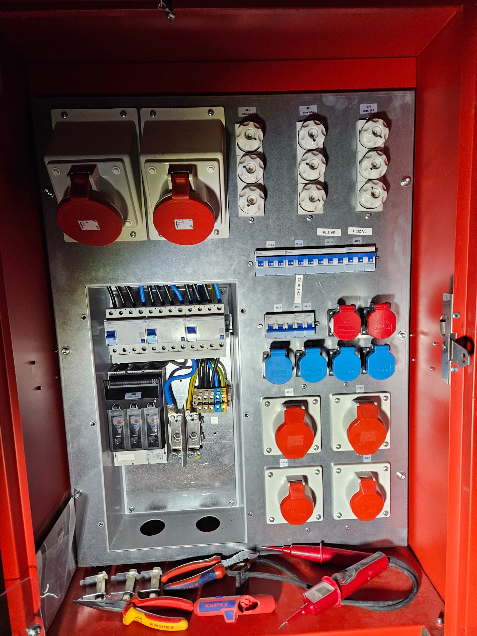 Rozdzielnica elektryczna w czerwonej obudowie, widoczne bezpieczniki, gniazda siłowe (czerwone i niebieskie), listwy zaciskowe i narzędzia elektryczne na dnie szafy.