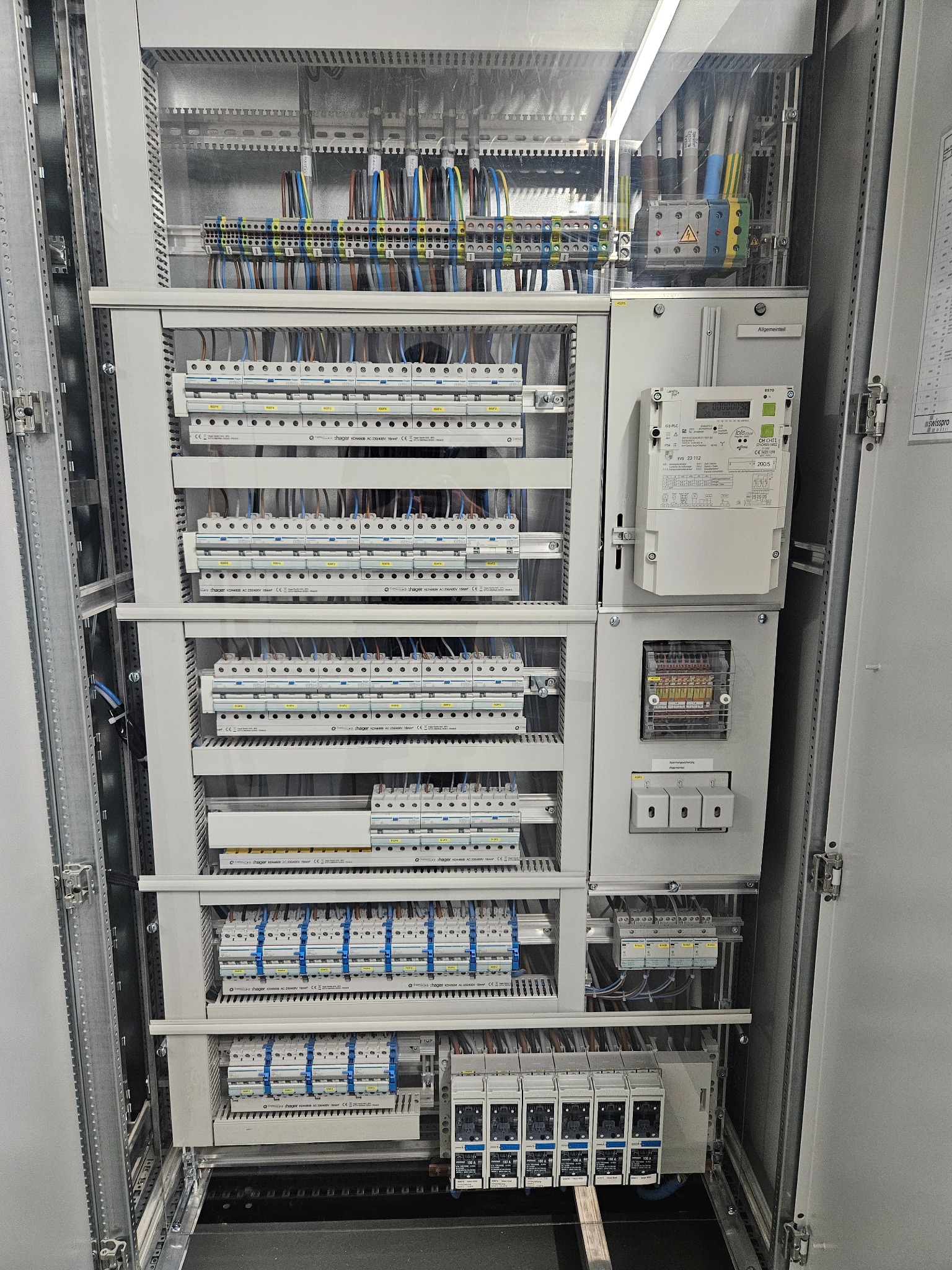 Rozdzielnica elektryczna z zabezpieczeniami i licznikiem, zamontowana w szafie. Precyzyjne okablowanie widoczne w Biłgoraju. Hager i SwissPro.