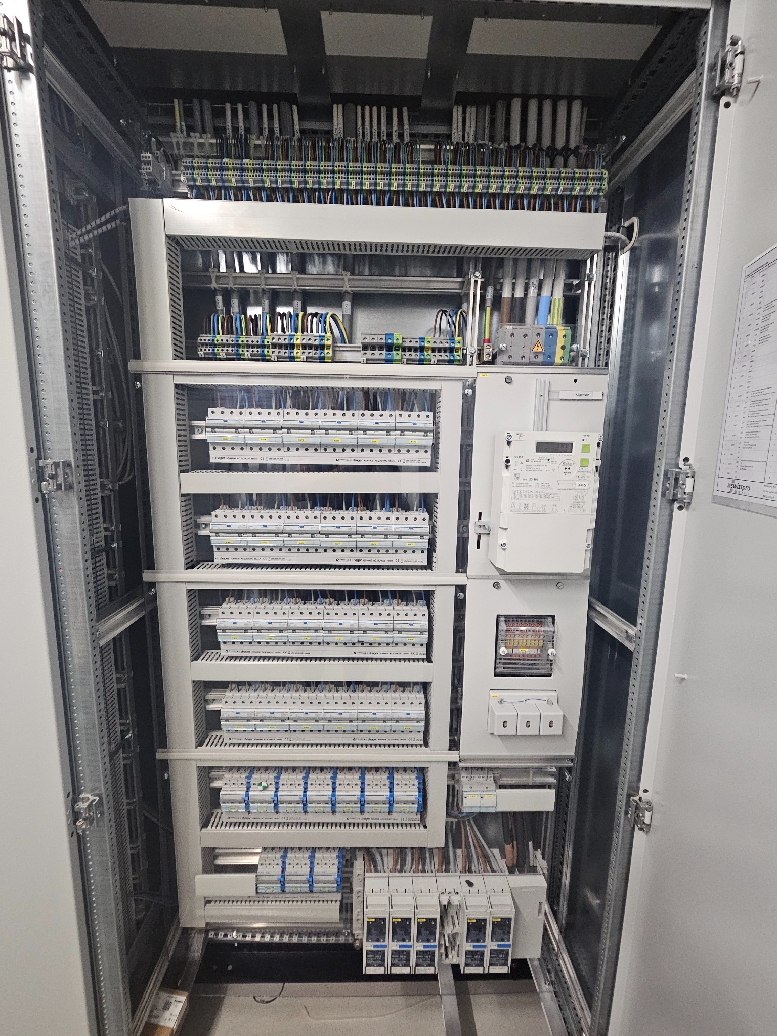 Rozdzielnica elektryczna z licznikiem i zabezpieczeniami, widoczne liczne przewody i elementy instalacji wewnątrz szafy. Detaliczne ujęcie.