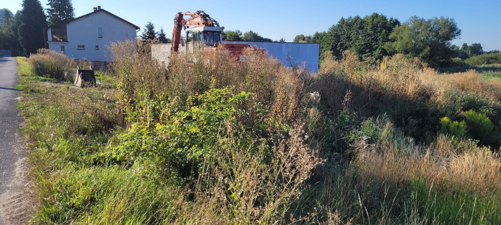 Pomarańczowa koparka Atlas na tle budynku i zieleni. Maszyna częściowo zasłonięta przez roślinność, widoczna zza zarośli. Błękitne niebo w tle.
