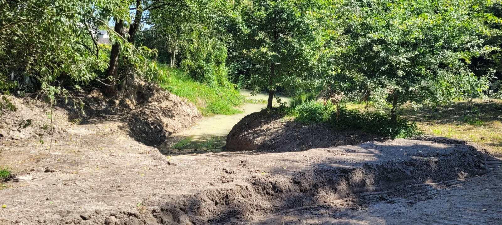 Wykopany rów melioracyjny z wodą, otoczony zielenią i drzewami. Ślady świeżych prac ziemnych widoczne na pierwszym planie. Ujęcie w słoneczny dzień.