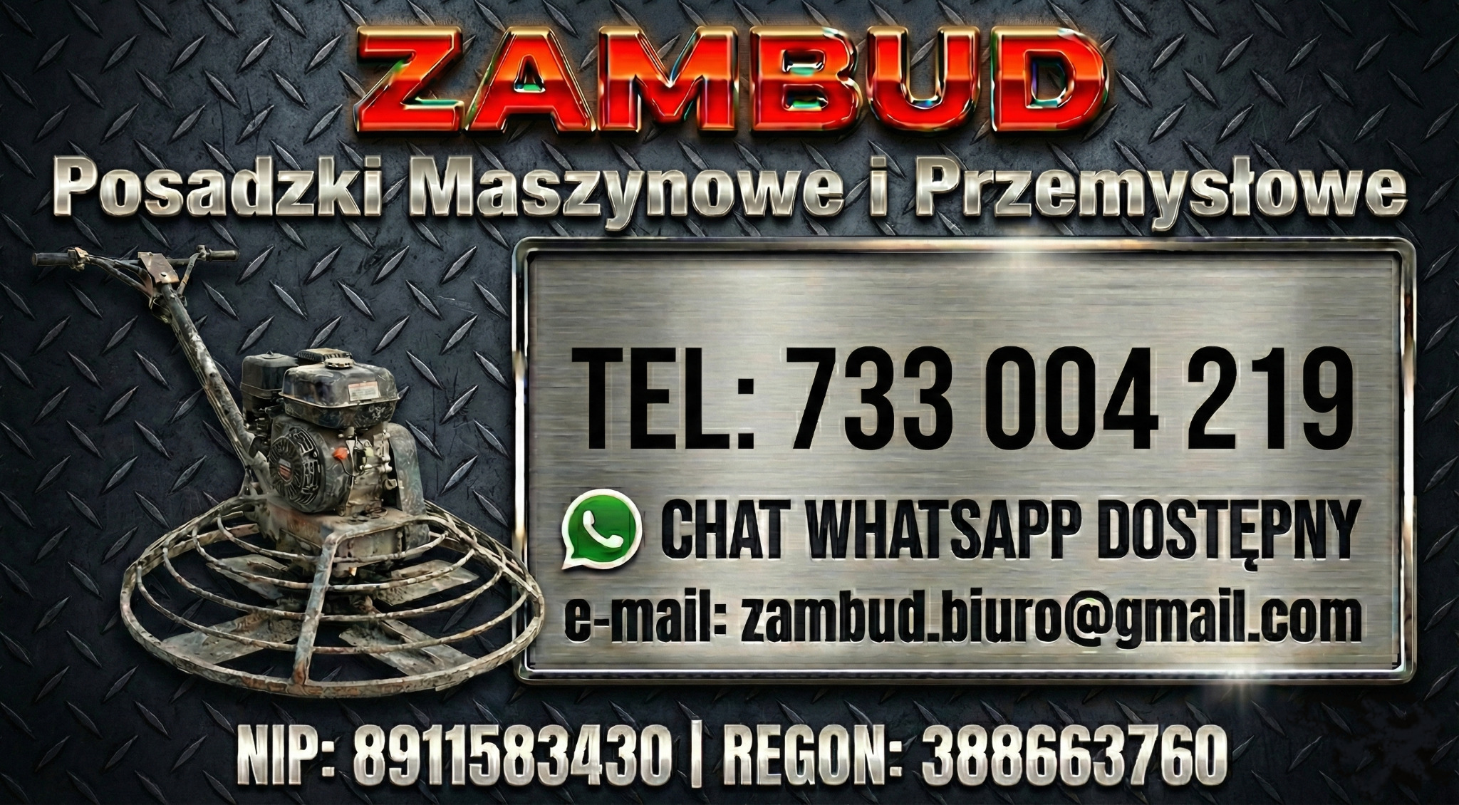 Grafika z logotypem ZAMBUD, numerem telefonu i adresem e-mail. Na pierwszym planie zacieraczka do betonu. Usługi posadzkarskie w Grębocinie.