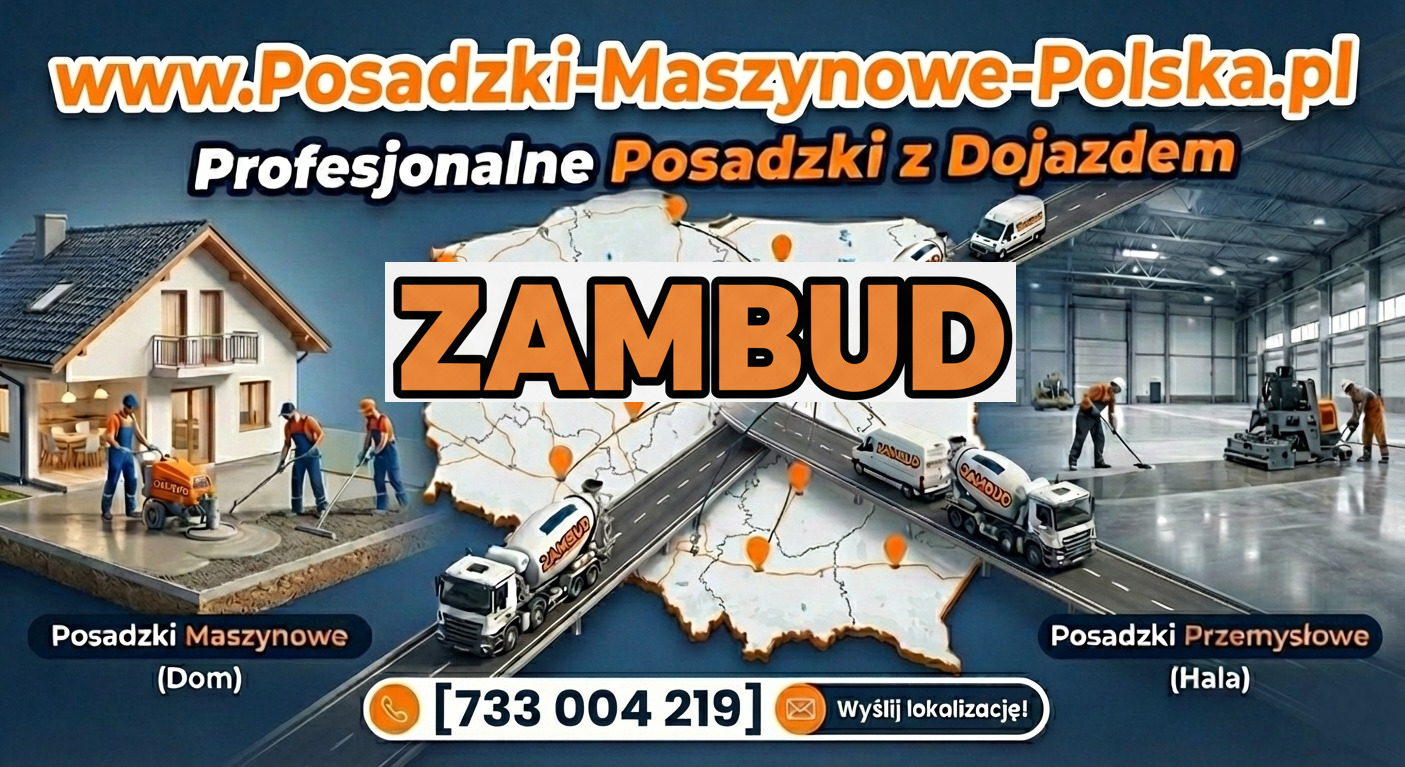 Grafika reklamowa firmy ZAMBUD: posadzki maszynowe (dom) i przemysłowe (hala). Wizualizacja z pracownikami, sprzętem, betoniarkami i adresem strony internetowej.