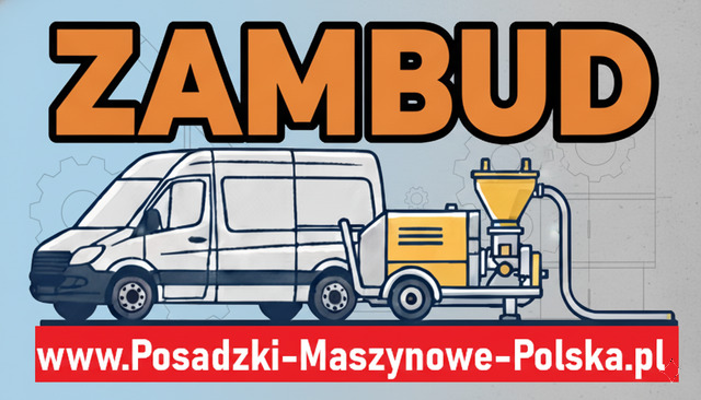 Ilustracja przedstawia van z maszyną do posadzek przemysłowych, logo firmy ZAMBUD i adres strony internetowej na szarym tle z grafiką techniczną w tle.