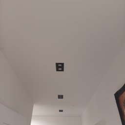 InstEl Jarosław Szulc - Minimalistyczne, czarne oprawy oświetleniowe sufitowe, rozmieszczone w rzędzie wzdłuż białego sufitu korytarza. W tle widoczny fragment obrazu i wnętrze mieszkania.